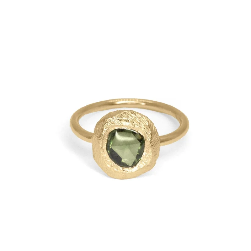 Ladies sterling silver rings-18K Freeform Small Solitaire Ring in Dark Green Sapphire