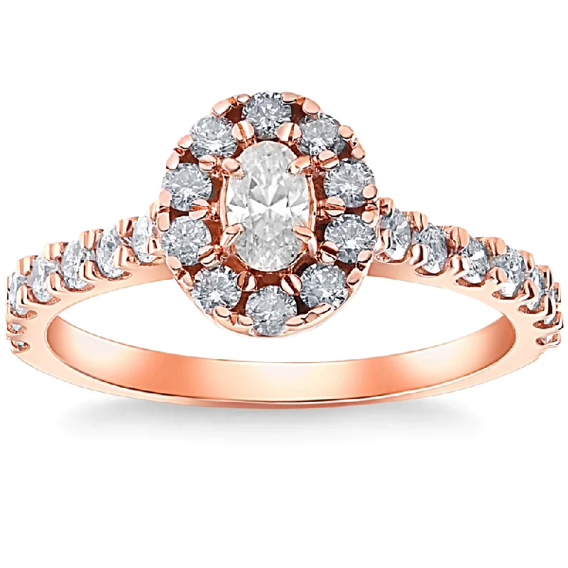 Ladies designer engagement rings-1Ct TW Diamond & Oval Moissanite Halo Engagement Ring 10k Rose Gold