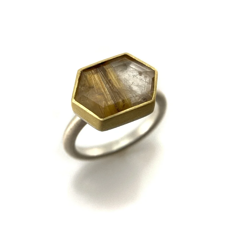 Ladies adjustable fashion rings-Hexagon Rutilated Quartz Ring