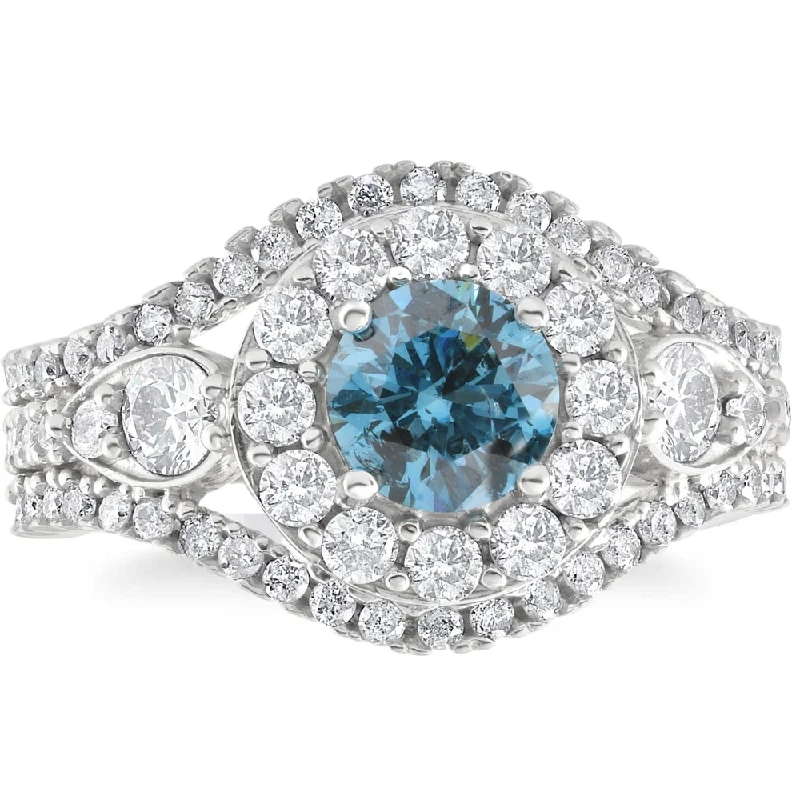 Ladies radiant-cut diamond engagement rings-2Ct TW Blue & White Diamond Multi Row Engagement Ring in 14k White Gold