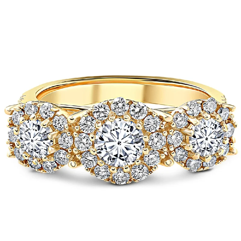 Ladies luxury solitaire engagement rings-1 3/8 Ct Diamond Three Stone Halo Pave Engagement Ring Yellow Gold