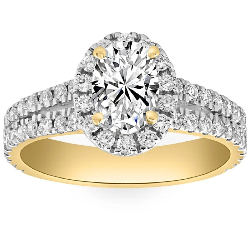 Ladies art deco engagement rings-2Ct Diamond Oval Lab Grown Halo Engagement Ring White, Yellow or Rose Gold