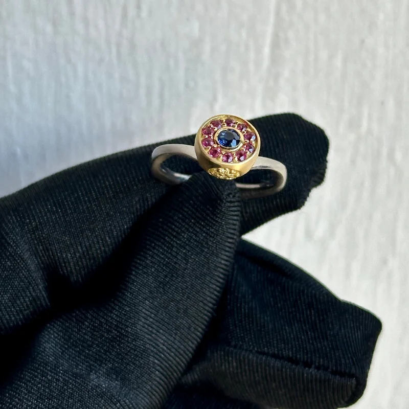 Ladies infinity knot rings-Artisan 18K White Gold & Yellow Gold Ring Featuring 3.5mm Sapphire and .35ctw Rubies