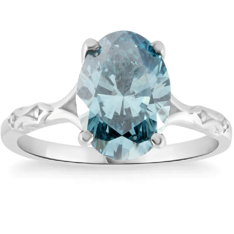 Ladies classic engagement rings-2Ct Oval Blue Diamond Solitaire Engagement Ring 14k White Gold Lab Grown