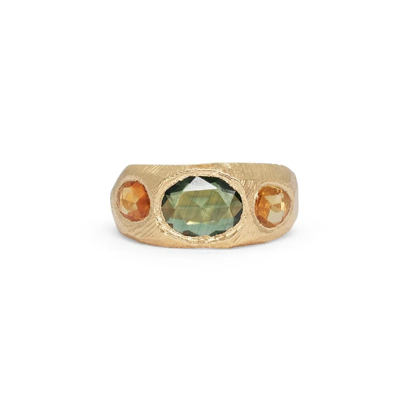 Ladies large gemstone rings-18K Three Stone Ring in Dark Green and Yellow Sapphire