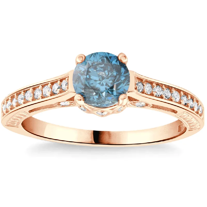 Ladies emerald diamond engagement rings-1 1/4Ct Blue Diamond Vintage Engagement Ring 14k Rose Gold