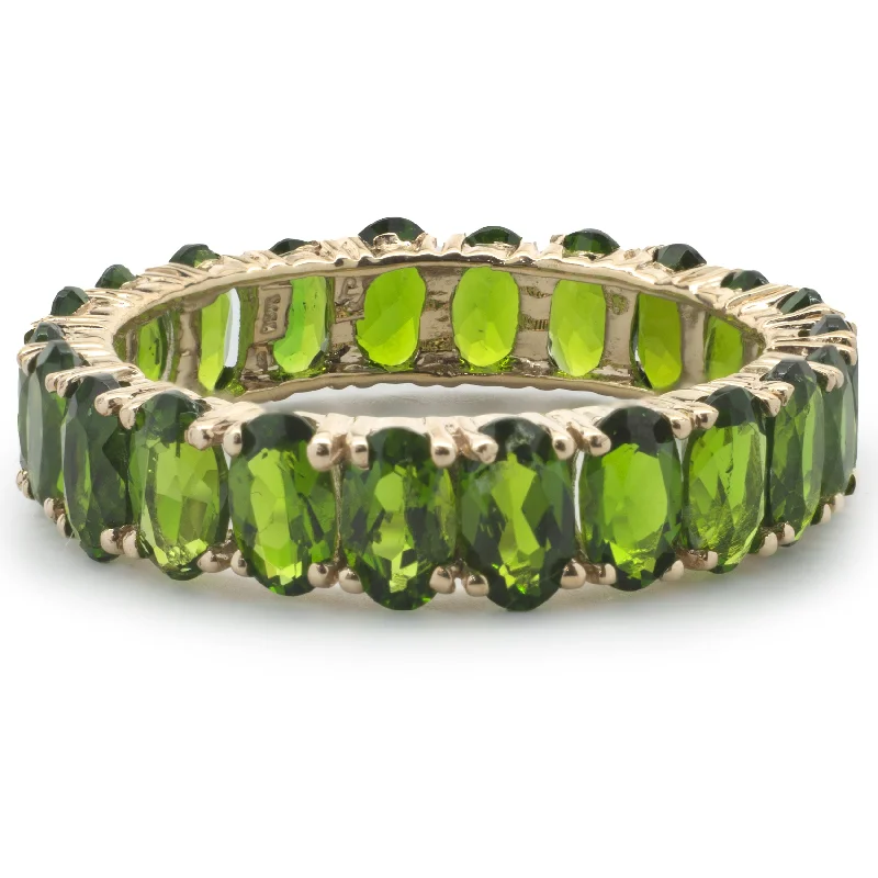 Ladies vintage rings-10 Karat Yellow Gold Oval Green Tourmaline Eternity Band