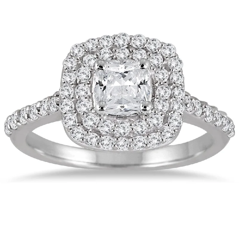 Ladies vintage style engagement rings-1 3/8 Carat Cushion Diamond Double Halo Engagement Ring in 14K White Gold