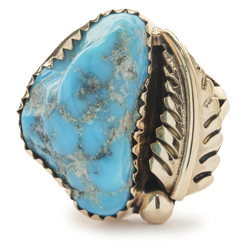 Ladies matching rings sets-14 Karat Yellow Gold Vintage Native American Designed Turquoise and Feather Ring